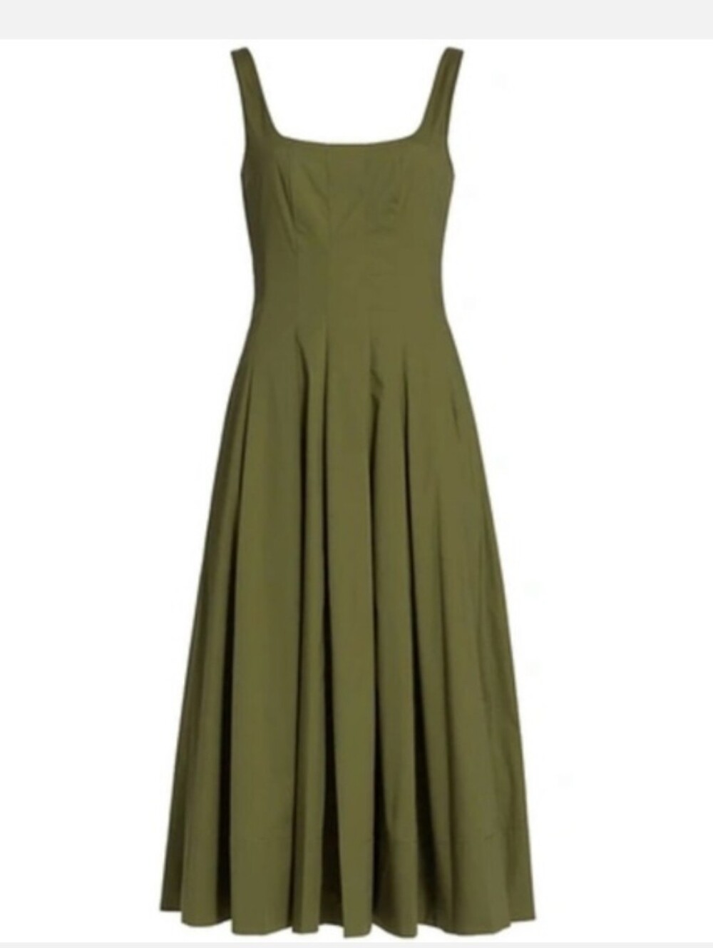 STAUD Wells Dress Olive Green Cotton Poplin A Line Midi Dress 10 Square Neck